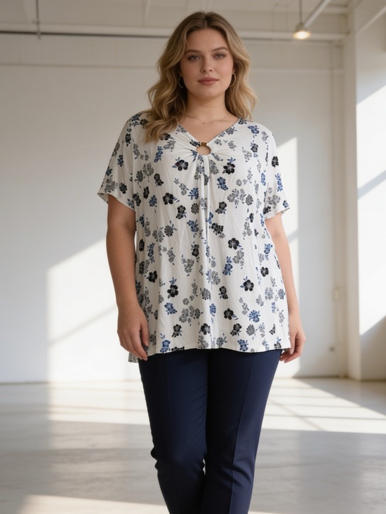 Lane Bryant Tops - Lane Bryant White Blue Floral Keyhole Tunic Top